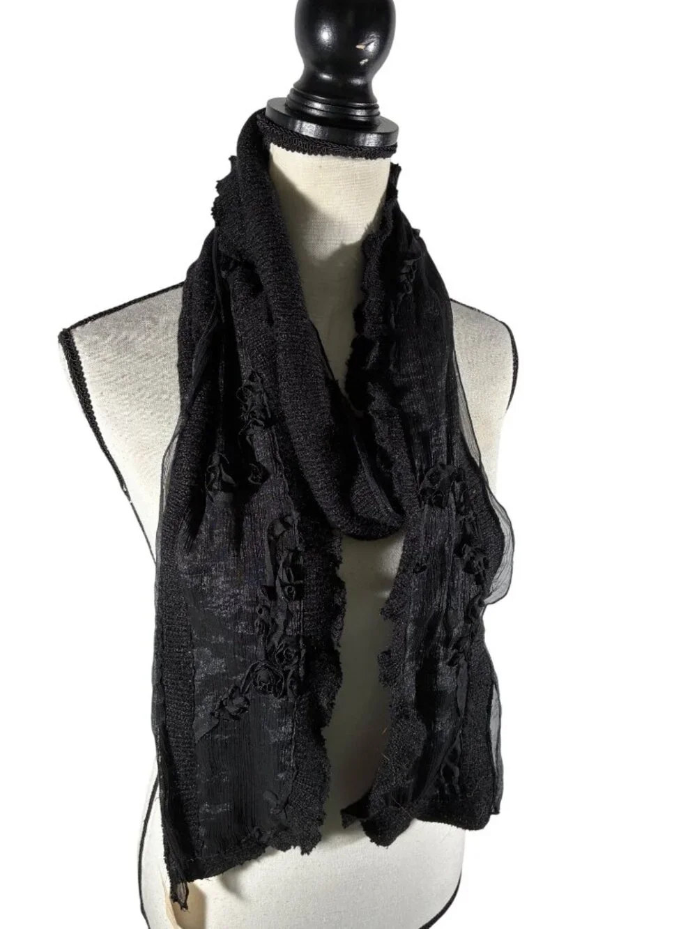 Coldwater Creek Black Sweater Soutache Scar chiffon edge w/ Floral Applique NWT